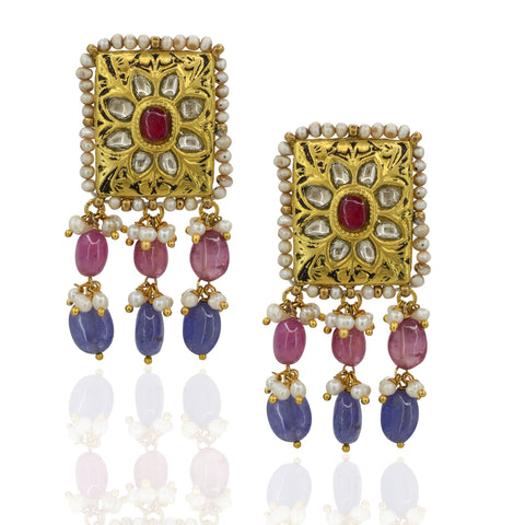 Navratna Polki Diamond Square Pendant Set with Ruby & Pearl Drops