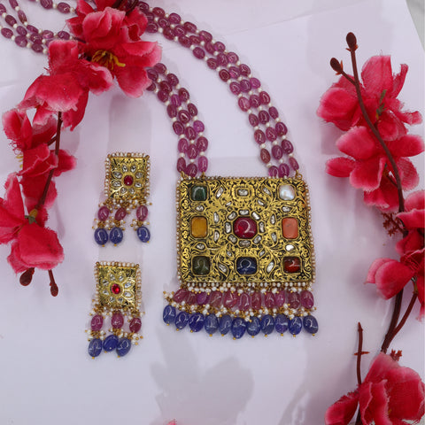 Navratna Polki Diamond Square Pendant Set with Ruby & Pearl Drops