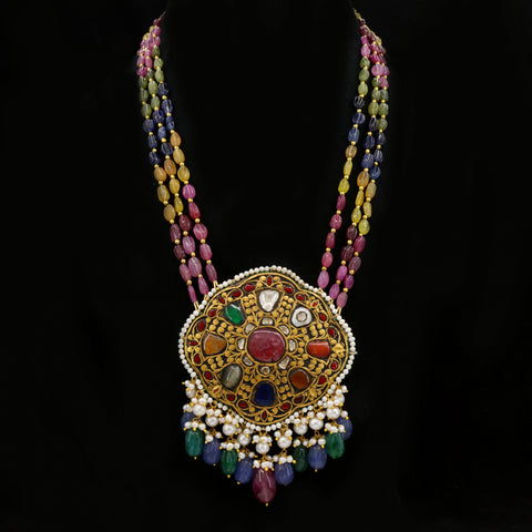 Navratna Gold Polki Diamond Pendant Necklace