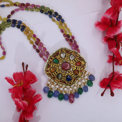 Navratna Gold Polki Diamond Pendant Necklace