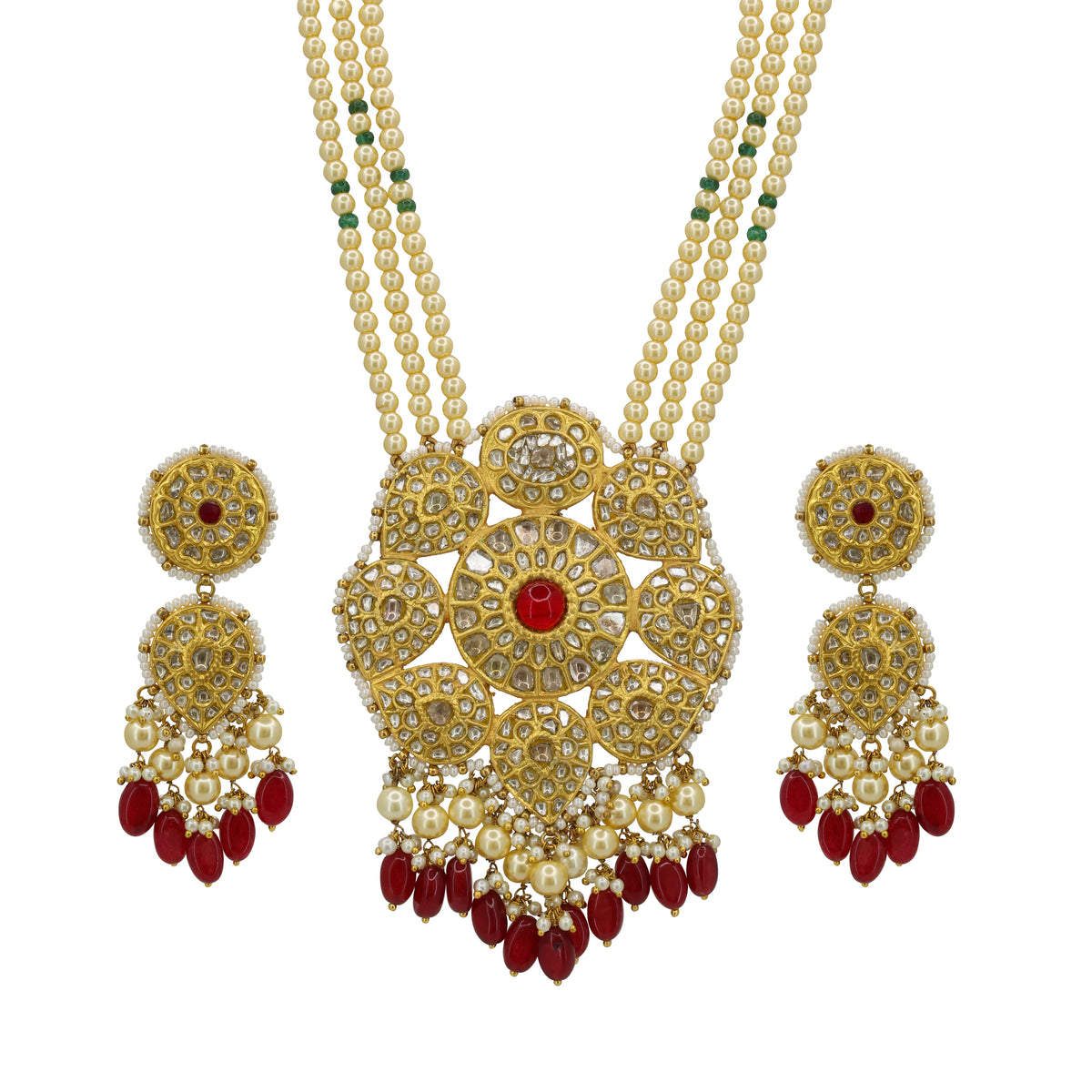 Syndicate Polki Diamond & Ruby Pearl Necklace Set