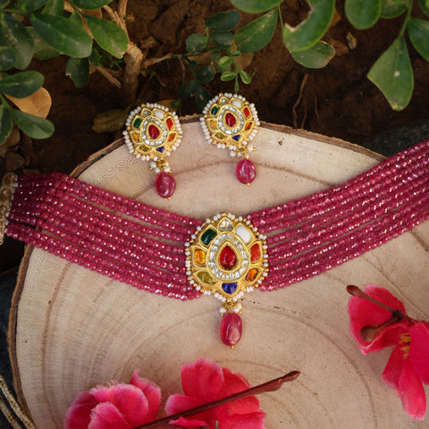 Navratna & Natural Syndicate Polki Diamond Stringed Choker Set