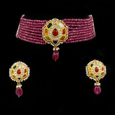 Navratna & Natural Syndicate Polki Diamond Stringed Choker Set