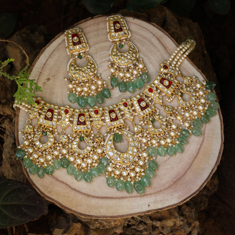 Regal Polki & Emerald Bridal Necklace Set with Pearl Accents