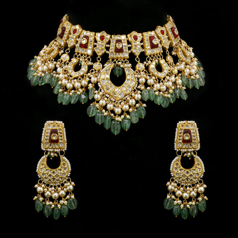 Regal Polki & Emerald Bridal Necklace Set with Pearl Accents