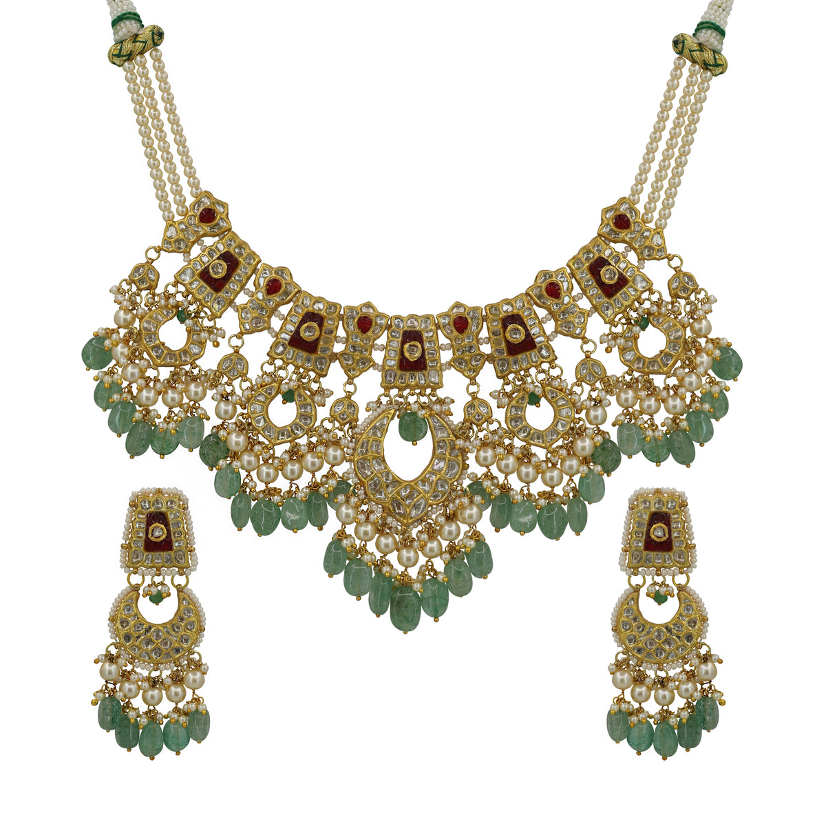 Regal Polki & Emerald Bridal Necklace Set with Pearl Accents