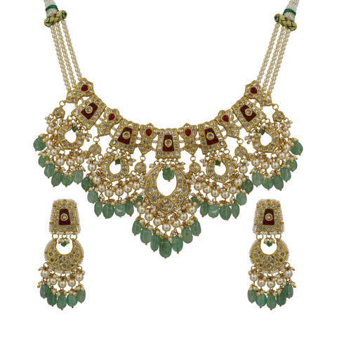 Regal Polki & Emerald Bridal Necklace Set with Pearl Accents