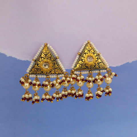 Gold Polki Diamond and Pearl Earrings with Ruby Beads