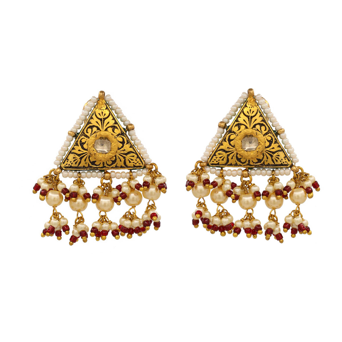 Gold Polki Diamond and Pearl Earrings with Ruby Beads