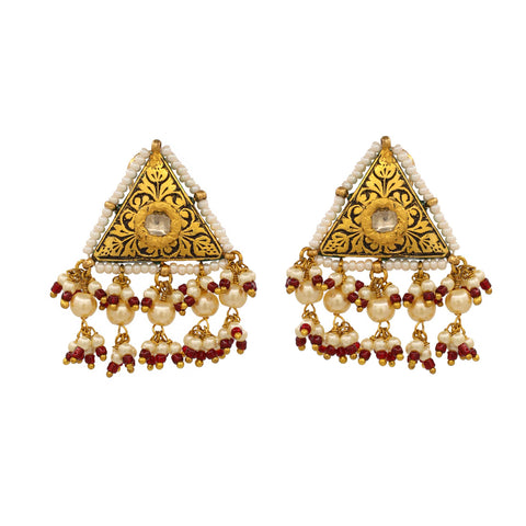 Gold Polki Diamond and Pearl Earrings with Ruby Beads