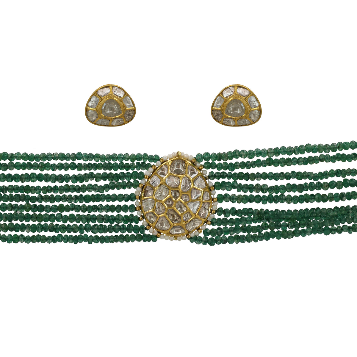 Gold Jadau Choker Set with Natural Syndicate Polki Diamonds & Multi-Strand Natural Glass-Filled Emerald Beads