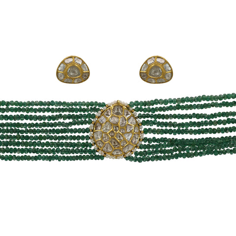 Gold Jadau Choker Set with Natural Syndicate Polki Diamonds & Multi-Strand Natural Glass-Filled Emerald Beads