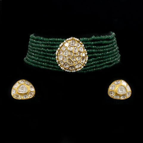 Gold Jadau Choker Set with Natural Syndicate Polki Diamonds & Multi-Strand Natural Glass-Filled Emerald Beads