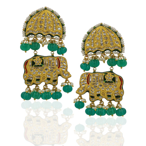 Polki Diamond & Enamel Elephant Pendant Necklace Set