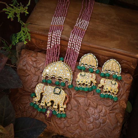 Polki Diamond & Enamel Elephant Pendant Necklace Set