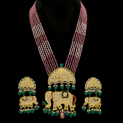 Polki Diamond & Enamel Elephant Pendant Necklace Set