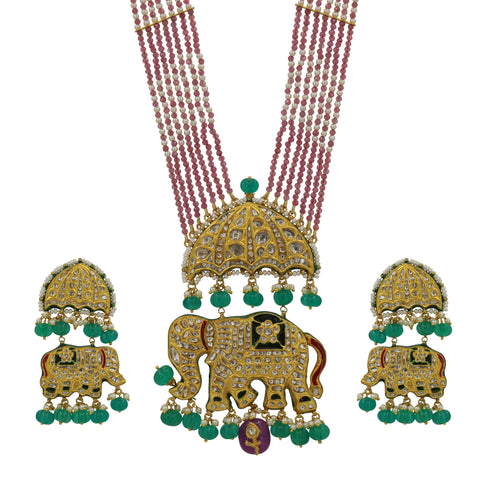 Polki Diamond & Enamel Elephant Pendant Necklace Set