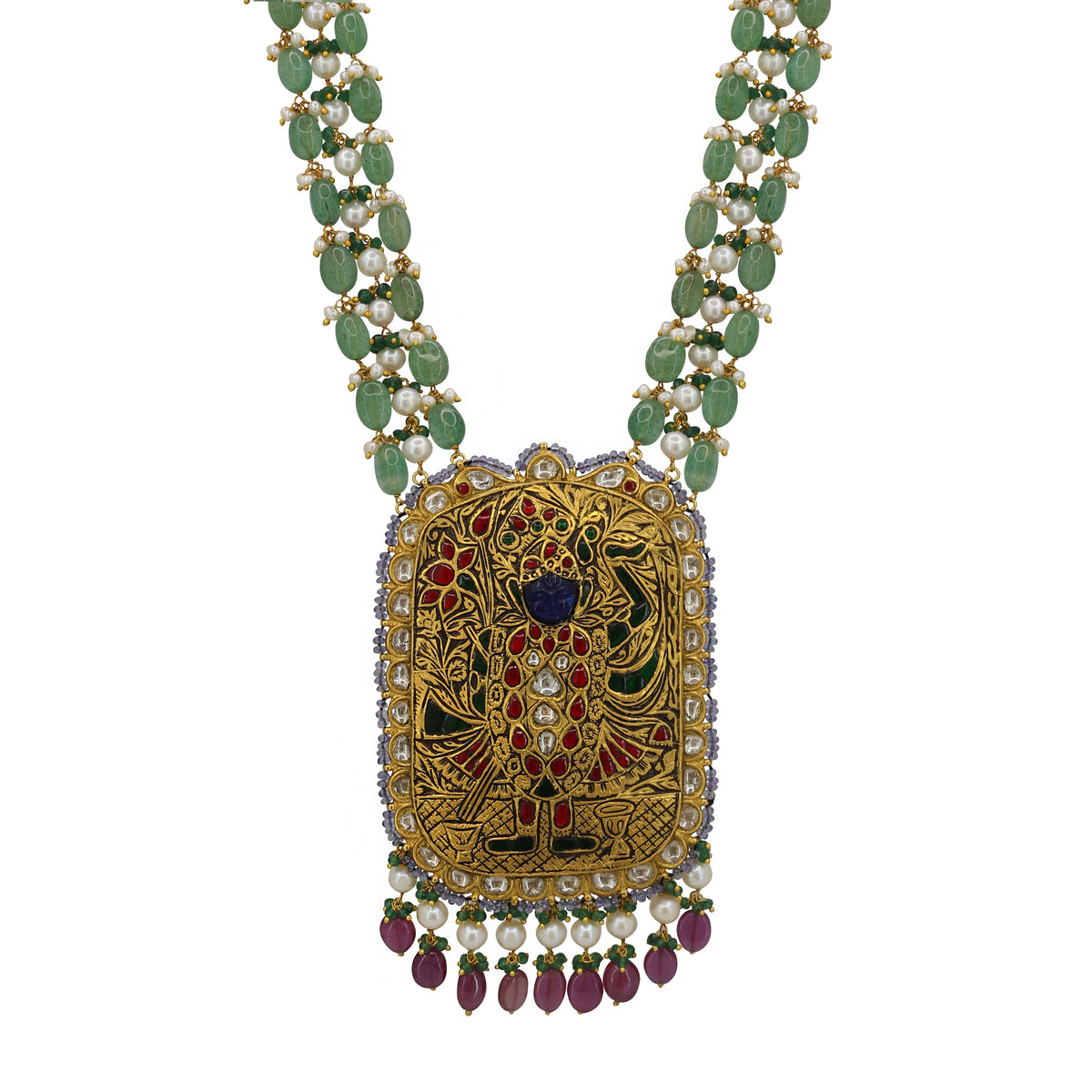 Antique Gold Shreenathji Pendant Necklace with Natural Polki Diamonds