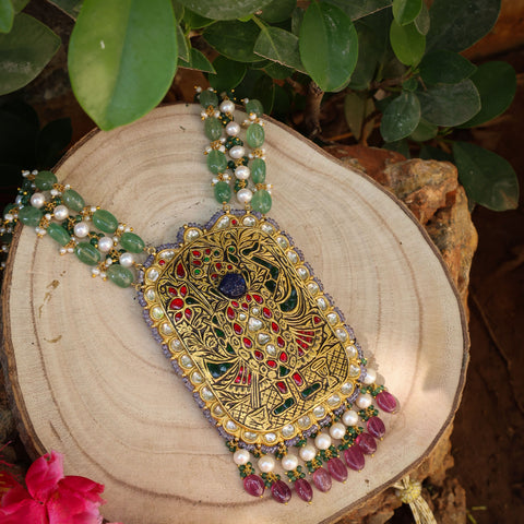 Antique Gold Shreenathji Pendant Necklace with Natural Polki Diamonds