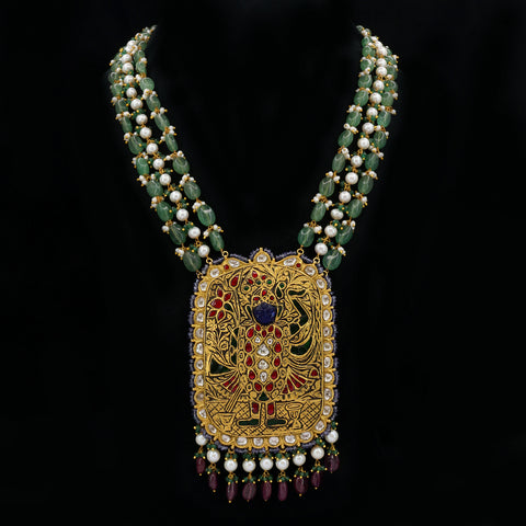 Antique Gold Shreenathji Pendant Necklace with Natural Polki Diamonds