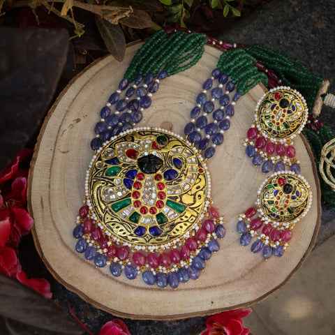 Shreenath Ji Polki Pendant Set in Multi-Gemstone