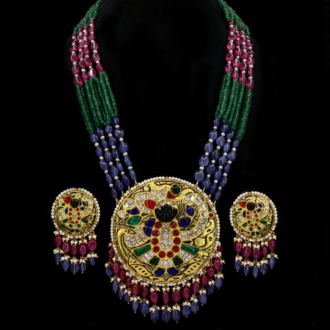 Shreenath Ji Polki Pendant Set in Multi-Gemstone