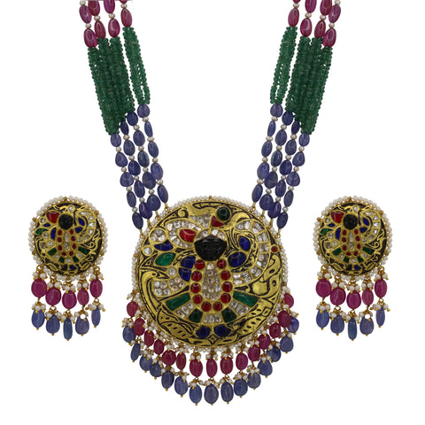 Shreenath Ji Polki Pendant Set in Multi-Gemstone