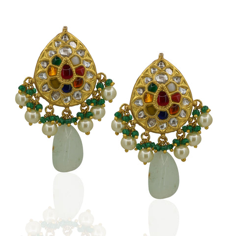 Traditional Navratna & Pearl Choker with Green Emerald Glass Beads