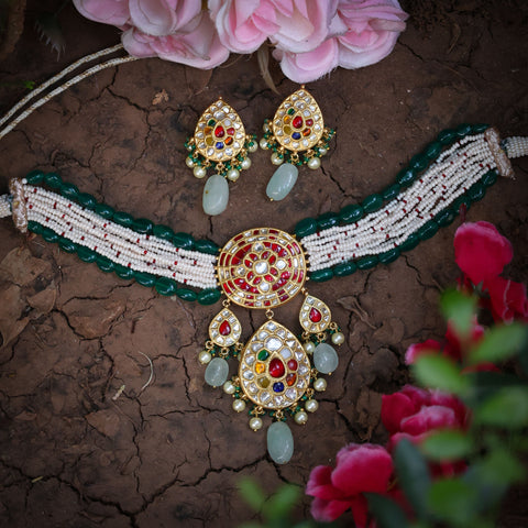Traditional Navratna & Pearl Choker with Green Emerald Glass Beads