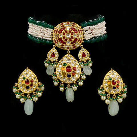 Traditional Navratna & Pearl Choker with Green Emerald Glass Beads