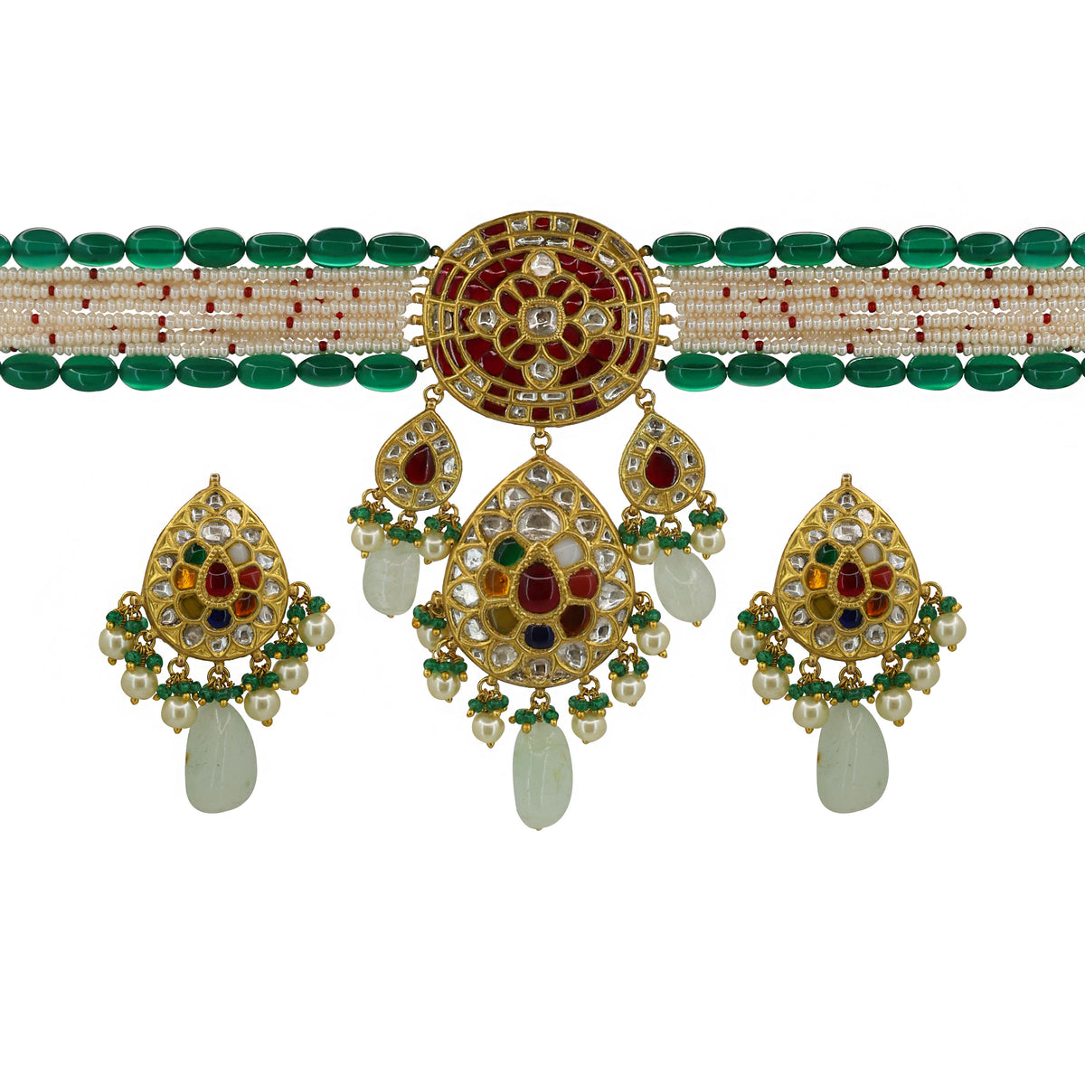Traditional Navratna & Pearl Choker with Green Emerald Glass Beads