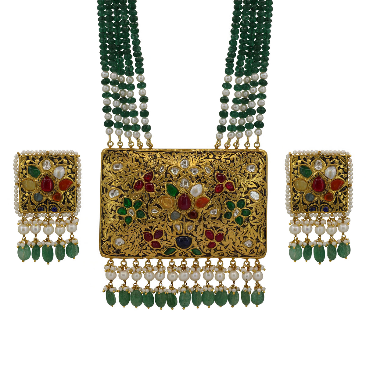 Navratna Polki Gold Necklace Set with Emerald & Pearl Strings