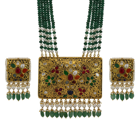 Navratna Polki Gold Necklace Set with Emerald & Pearl Strings