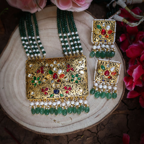 Navratna Polki Gold Necklace Set with Emerald & Pearl Strings