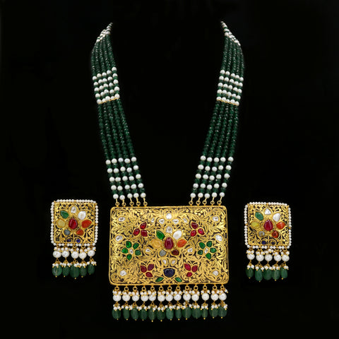 Navratna Polki Gold Necklace Set with Emerald & Pearl Strings