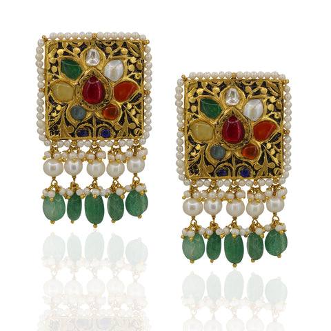 Navratna Polki Gold Necklace Set with Emerald & Pearl Strings