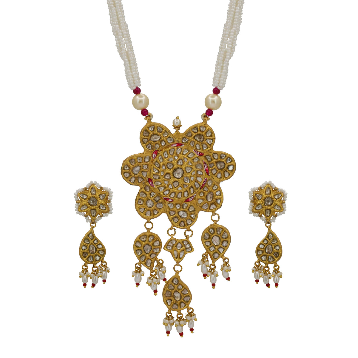 Traditional Gold Polki Diamond Floral Pendant Set