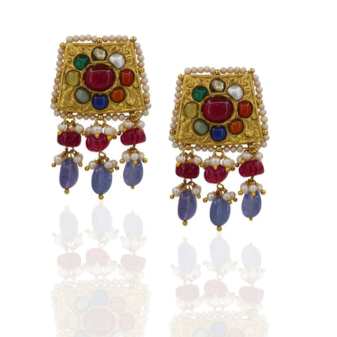 Luxury Bridal Navratna Necklace Set - Polki Diamonds & Natural Tanzanite