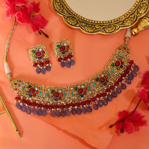 Luxury Bridal Navratna Necklace Set - Polki Diamonds & Natural Tanzanite
