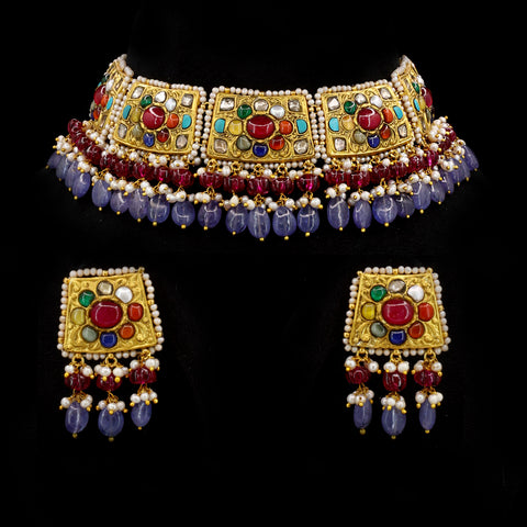 Luxury Bridal Navratna Necklace Set - Polki Diamonds & Natural Tanzanite