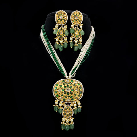 Floral Polki Pendant & Earrings Set in Gold