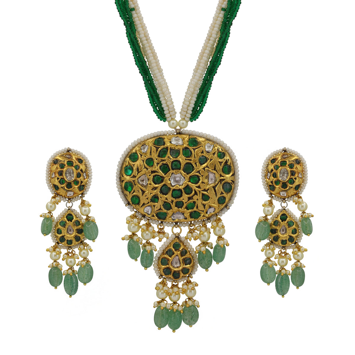 Floral Polki Pendant & Earrings Set in Gold