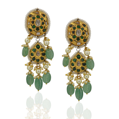 Floral Polki Pendant & Earrings Set in Gold