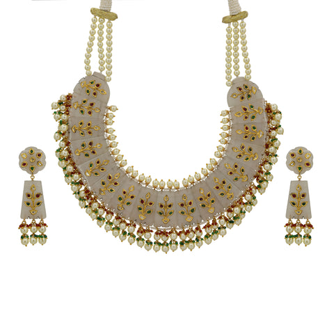Handcrafted Stone Carving Necklace Set with Natural Syndicate Polki