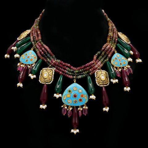 Traditional Gold Polki Diamond & Carved Turquoise String Necklace with Tourmaline Beads
