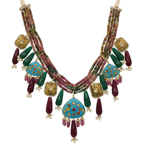 Traditional Gold Polki Diamond & Carved Turquoise String Necklace with Tourmaline Beads