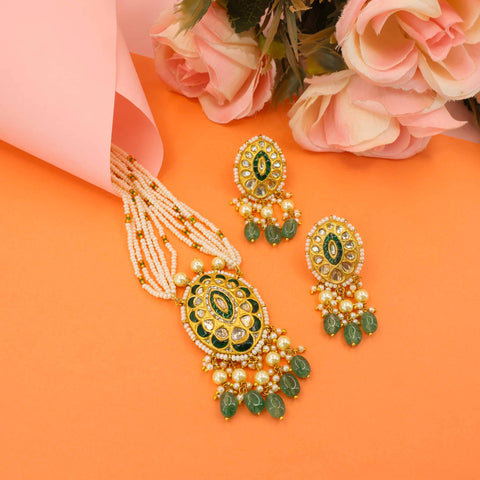 Traditional Polki and Pearl Necklace with Glass Emerald Drops