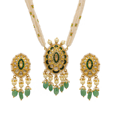 Traditional Polki and Pearl Necklace with Glass Emerald Drops