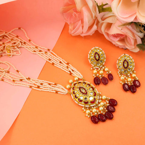 Gold Polki and Glass Ruby Pendant Set