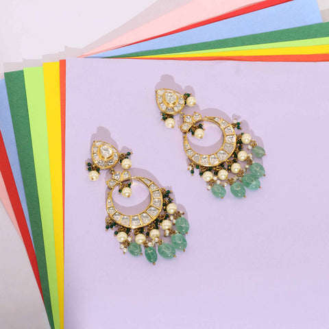 Gold Jadau Polki Crescent Earrings